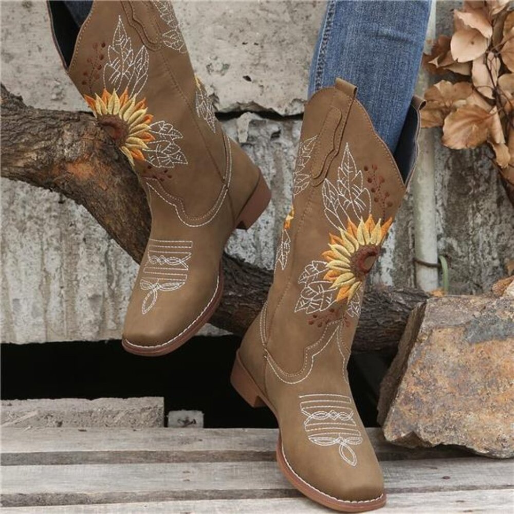NEW Women's Sunflower Cowgirl Boots, Square Toe Western Embroidery Mid Calf - Picture 3 of 7